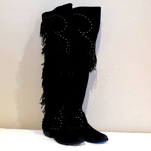 NEW BOHO Chic Tonto Fallz Over Knee Fringe Leather Black Suede Boots - Size 6.5 - Picture 1 of 13